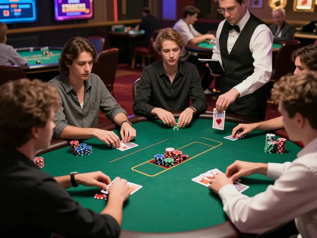 KJC players strategizing around a poker table, showcasing excitement in online casino gaming.