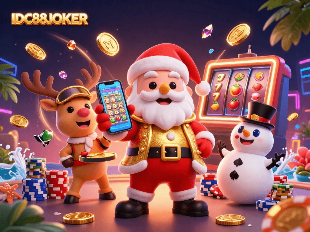 Play slots and win with IDC88JOKER's vibrant 3D casino illustration featuring fun characters