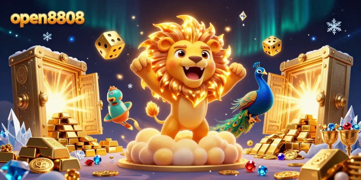 Spin and win with open8808 at this vibrant online casino illustration featuring a lion and dice.