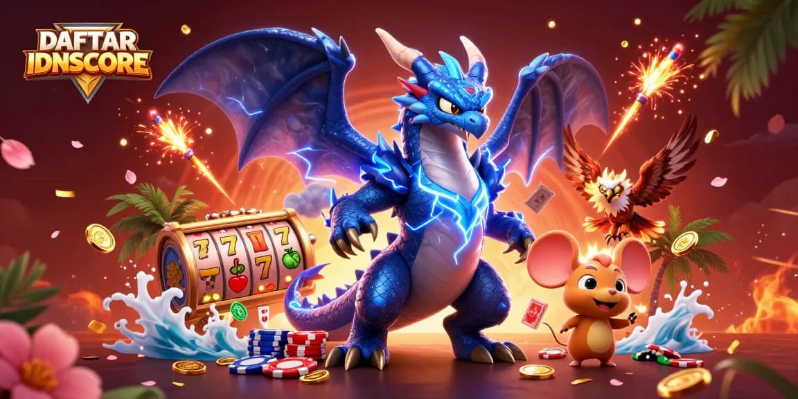 Join the excitement with DAFTAR IDNSCORE, showcasing vibrant slot reels, poker chips, and dynamic gaming characters.