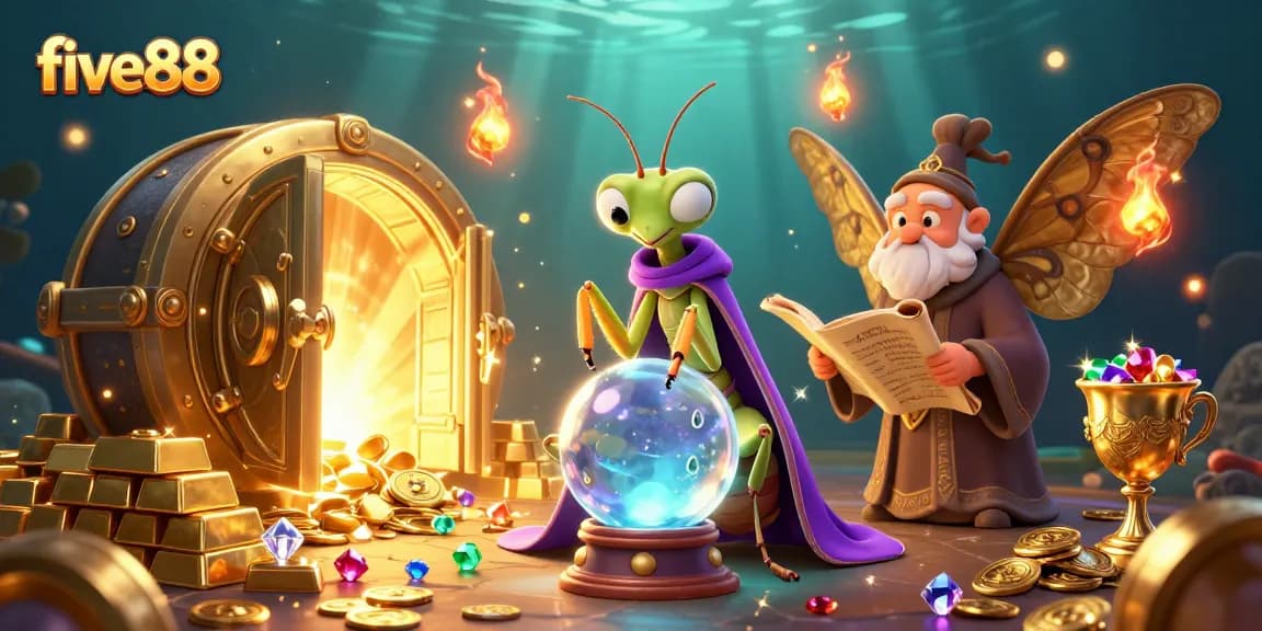 Experience the magic of five88 with a whimsical casino scene featuring vibrant characters and riches.