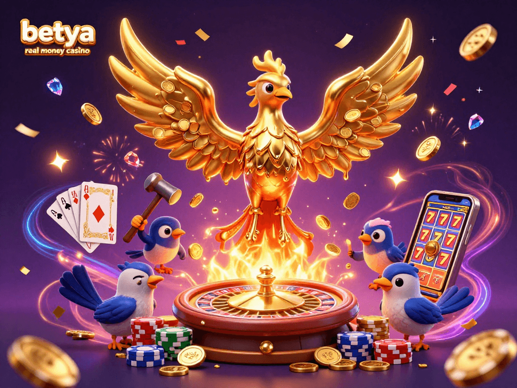 Experience the excitement at betya real money casino with a vibrant 3D phoenix illustrating winning potential.