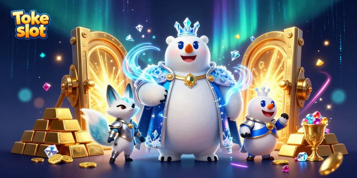 Toke slot game illustration with 3D cartoon polar bear and treasure elements creating an exciting casino atmosphere.