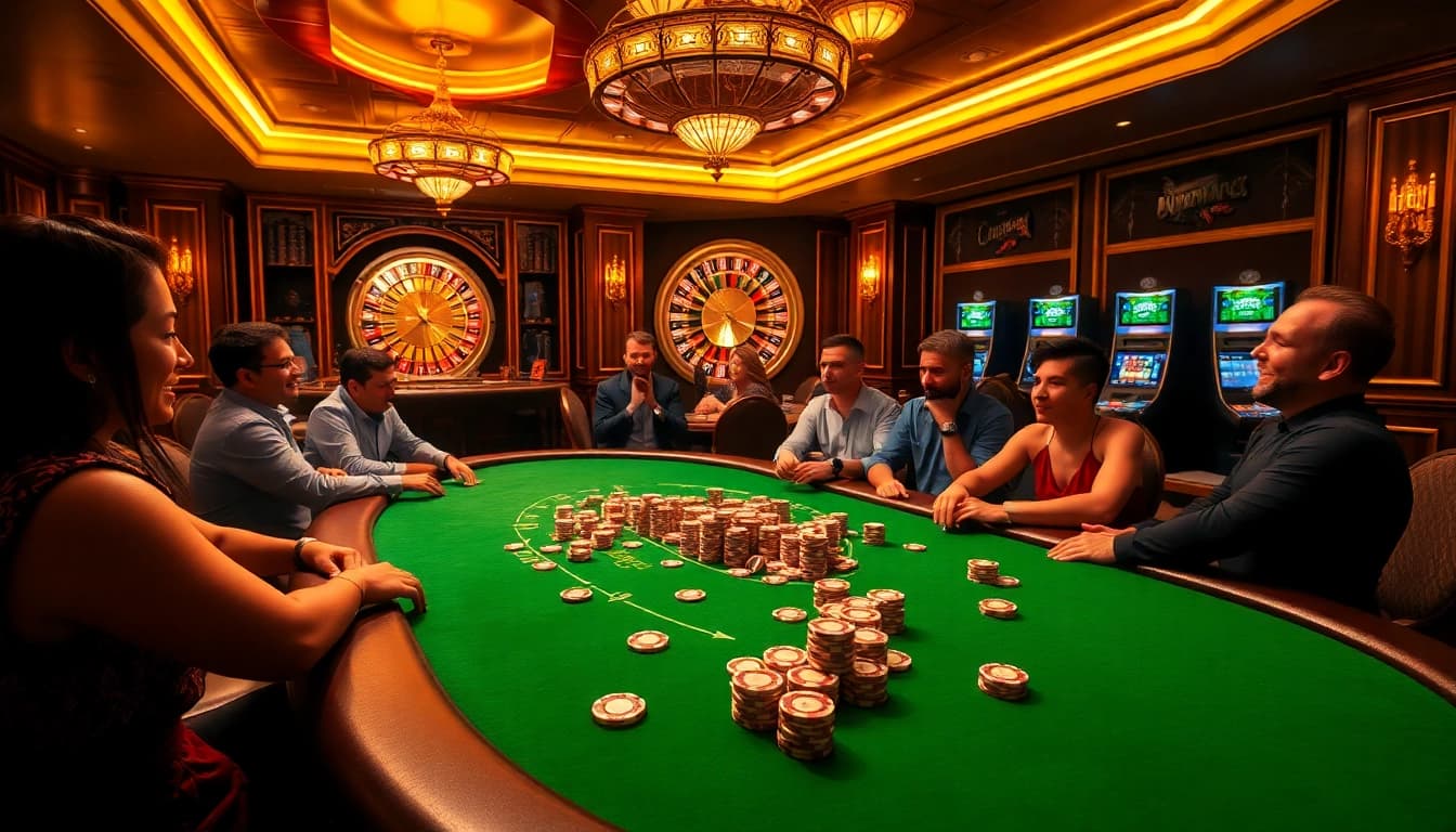 Experience the excitement of LuckyWin with a high-stakes poker game in a luxurious casino setting.