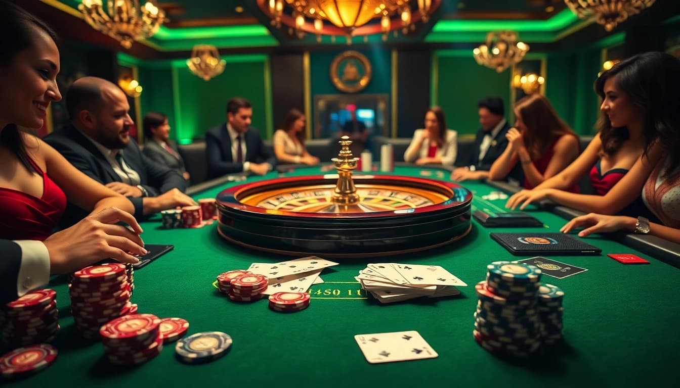 Engaging in high-stakes poker at the SL Ads themed casino table with vibrant colors and luxurious elements.