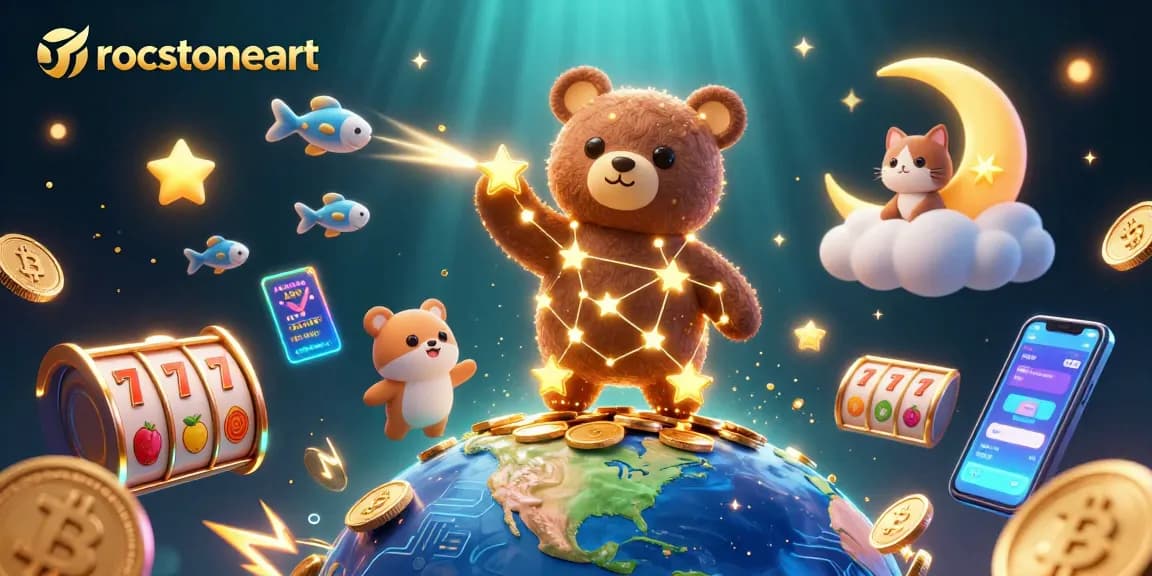 Experience the magic of rocstoneart in this vibrant casino-themed illustration with golden coins and slot reels.