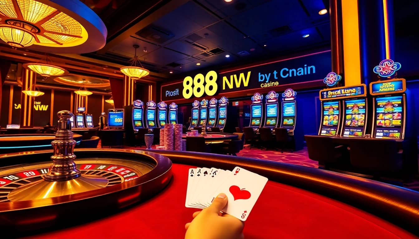 Experience the excitement of 888NEW with vibrant slots and poker in a luxurious casino setting.
