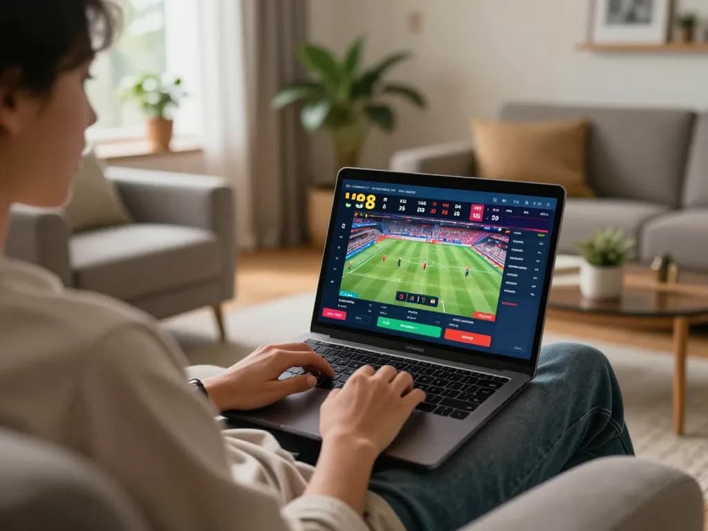 Engaging in U888 sports betting from a cozy home environment with a laptop and vibrant screen