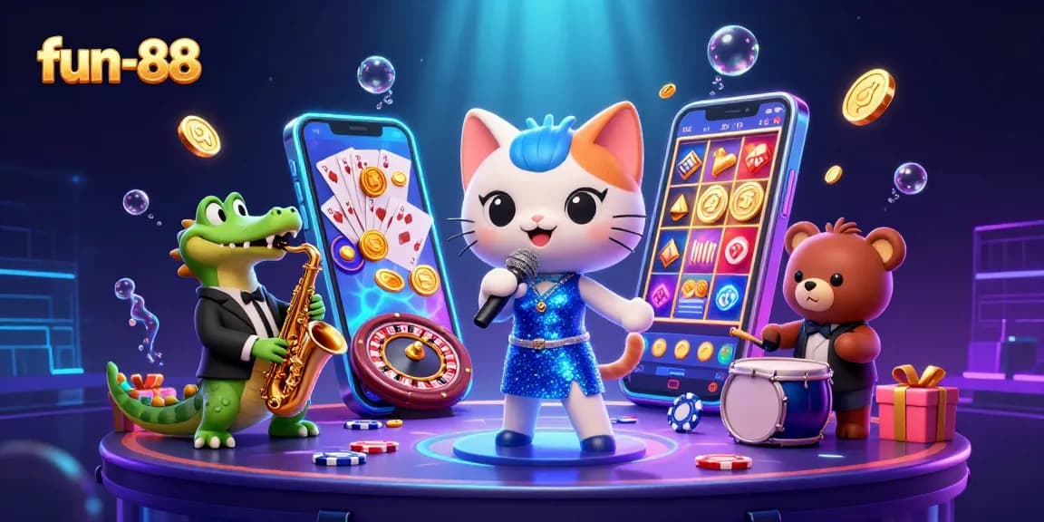 Join the fun-88 slot adventures with lively casino characters in a dynamic gaming scene.