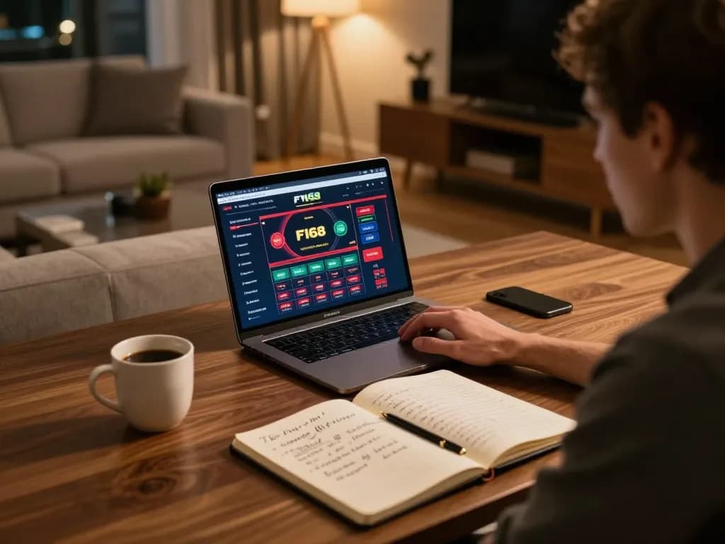 Player engaged in online casino gaming at F168 on a laptop with a cozy atmosphere