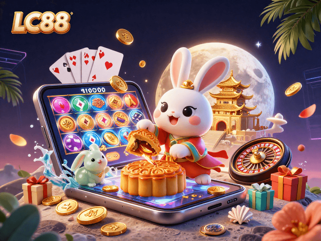 Experience a vibrant LC88 gaming world with the moon rabbit showcasing exciting casino elements.