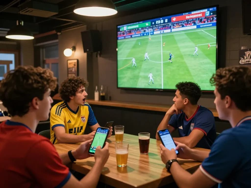 SOCOLIVE bettors enjoying live soccer action while using betting apps in a vibrant sports bar.