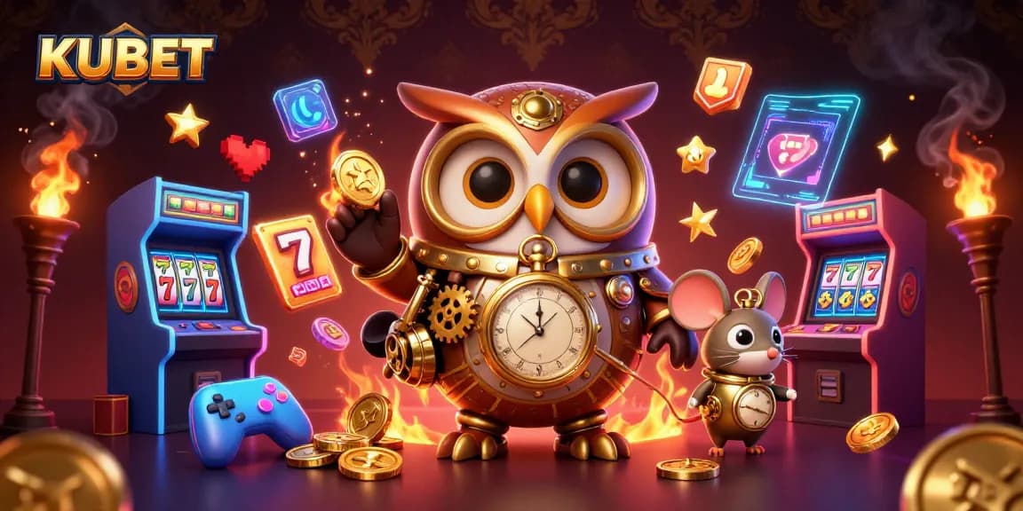 KUBET's vibrant 3D illustration showcases a steampunk owl and mouse amidst dynamic casino elements, attracting gamblers with its engaging visual.