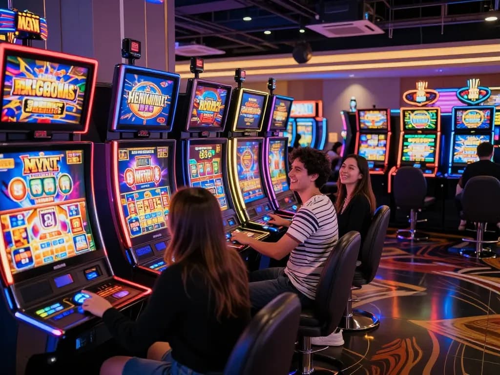 Players enjoying thrilling slot games in a vibrant casino, celebrating wins amid bright lights.