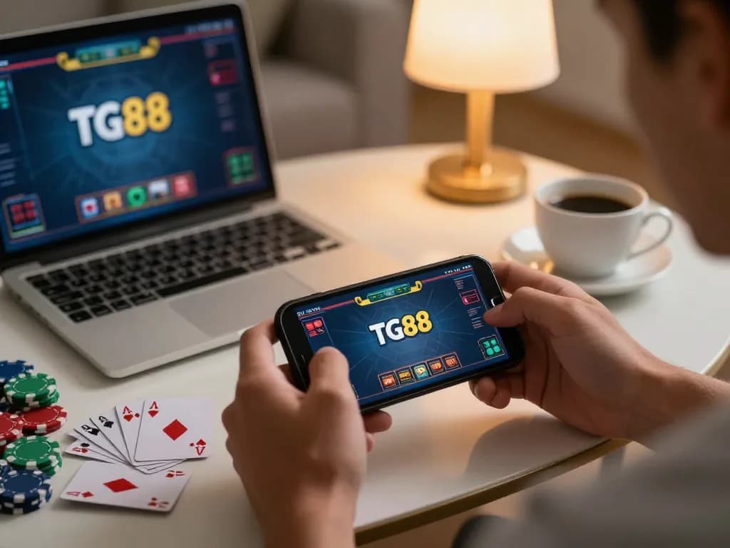 Player enjoying TG88 online casino game on smartphone with fanned cards and chips in cozy home setting.