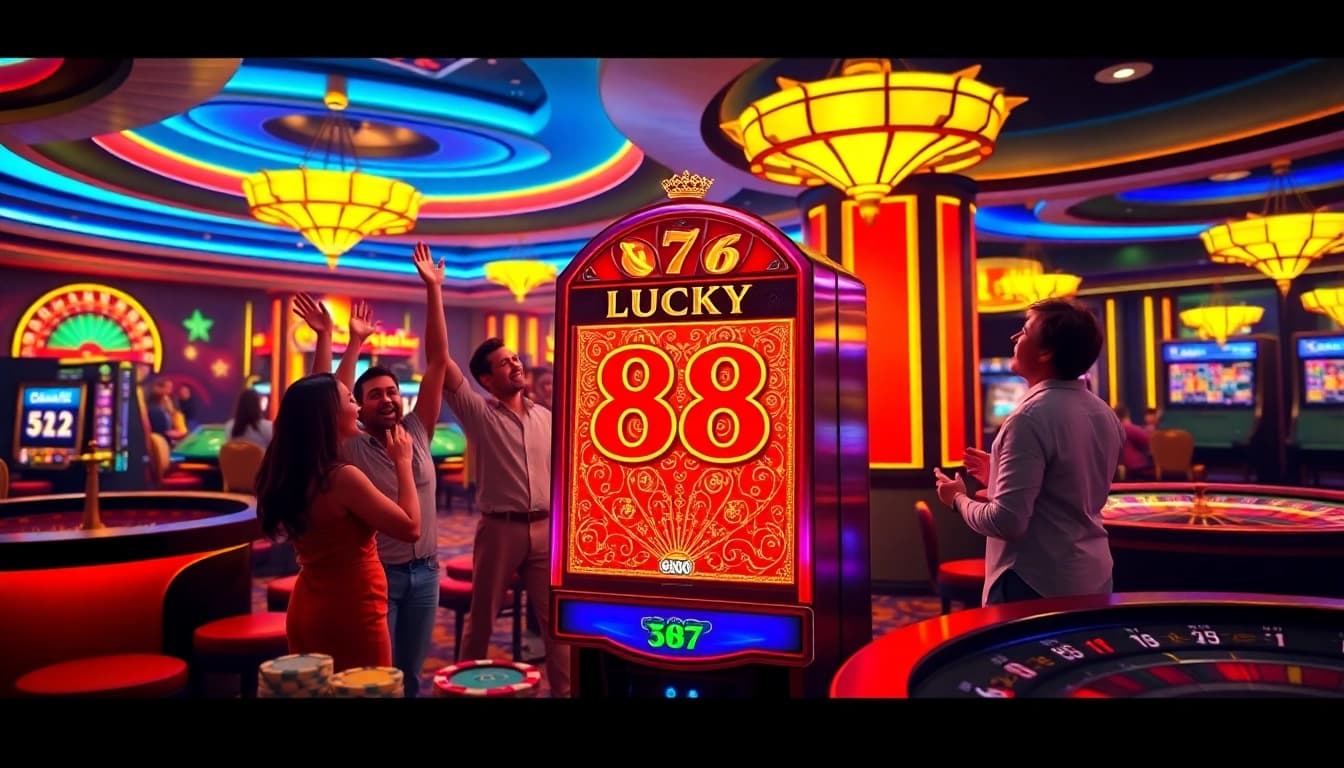Players celebrating a win at the Lucky 88 slot machine in a vibrant casino environment.