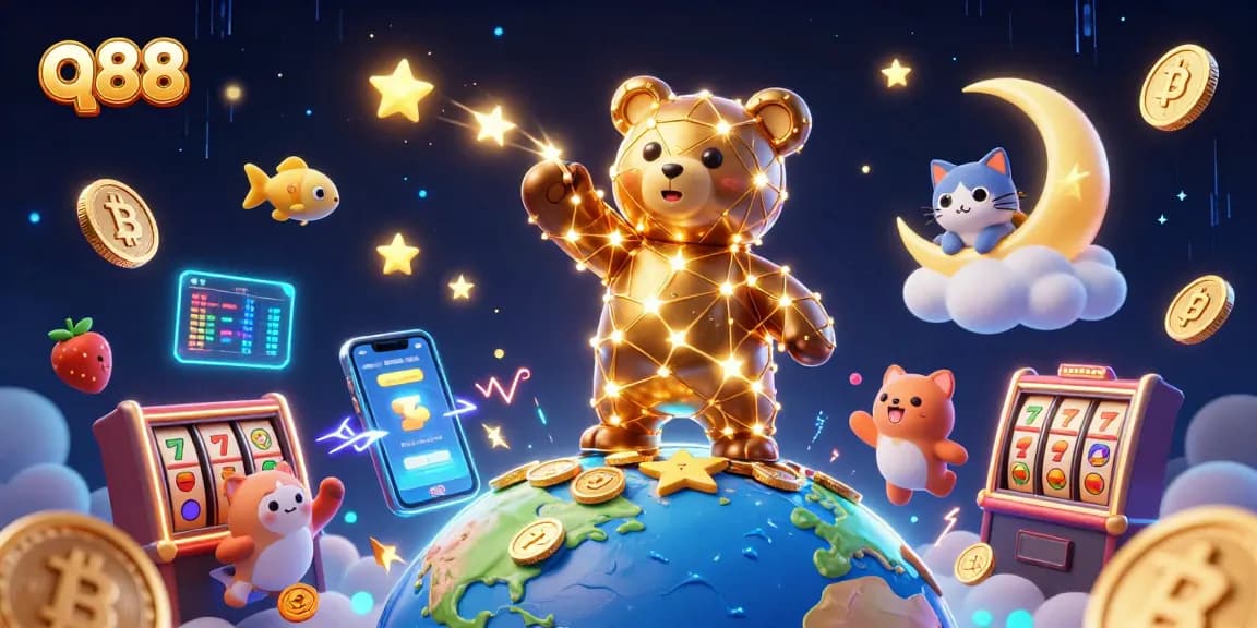 Play and win with q88 in this vibrant cosmic casino illustration.