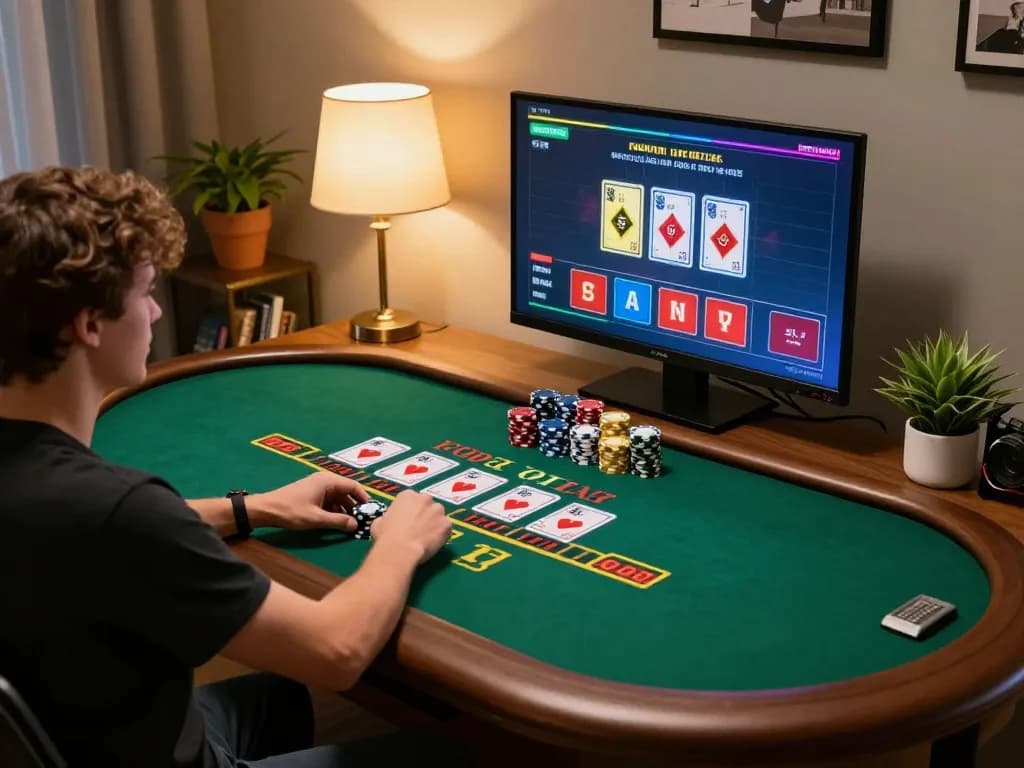 LOTO188 player enjoying a live dealer blackjack game on a stylish home setup with chips stacked
