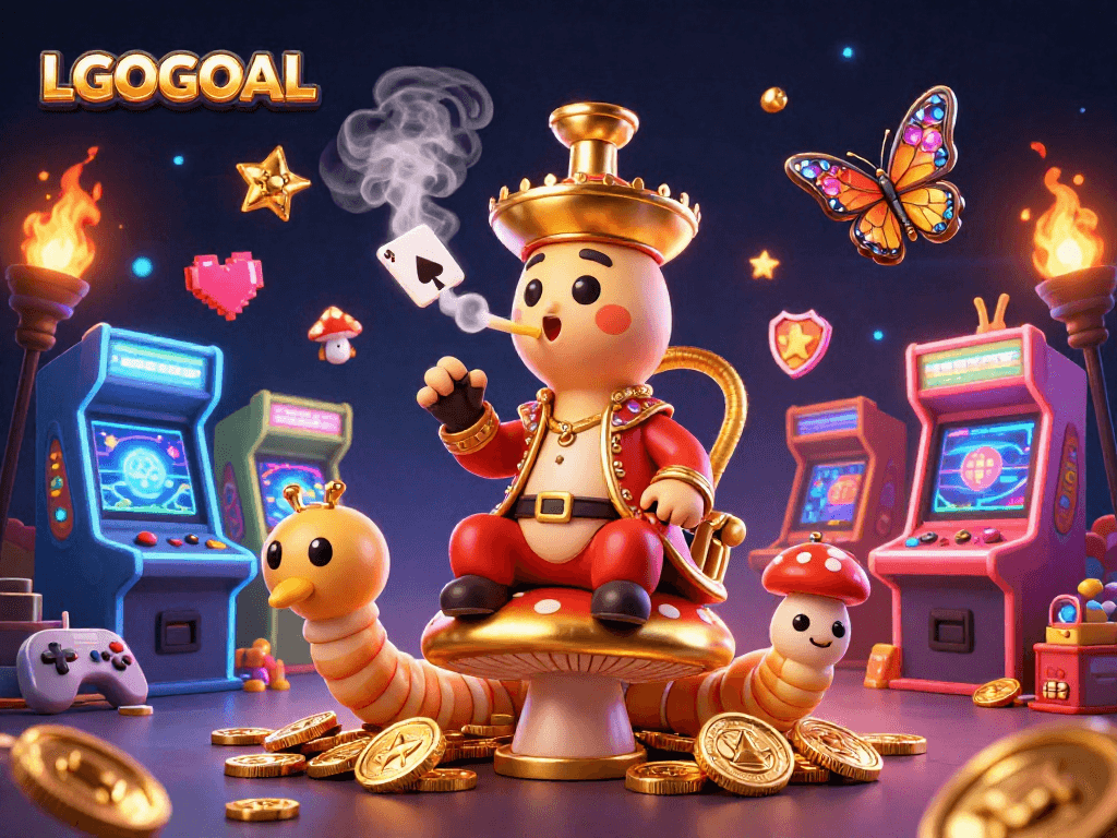 Engage with LGOGOAL's vibrant casino-themed illustration showcasing a Turkish sultan-style caterpillar creating smoke rings.