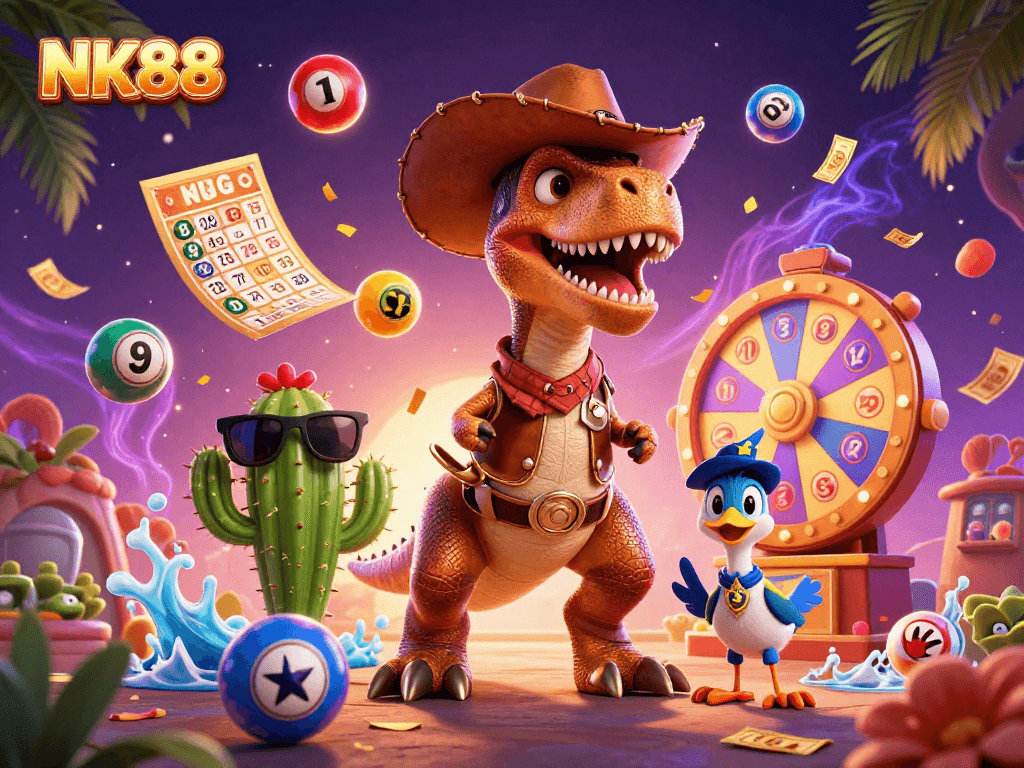Engage with NK88's vibrant gaming experience featuring a T-Rex, showcasing thrilling gambling elements.