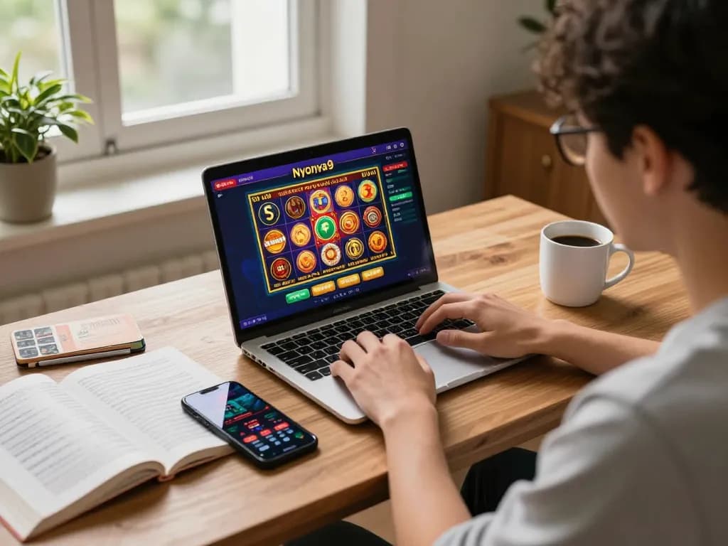 Nyonya9 gaming experience at home, showcasing an online player engaged in betting strategy.