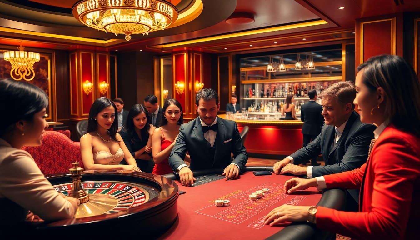Thrilling poker game at 8day casino with players and dealer in an elegant setting.