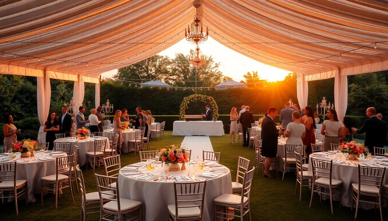 Beautiful setup of Wedding Tent Chair & Table Rentals with floral arrangements under evening lights.