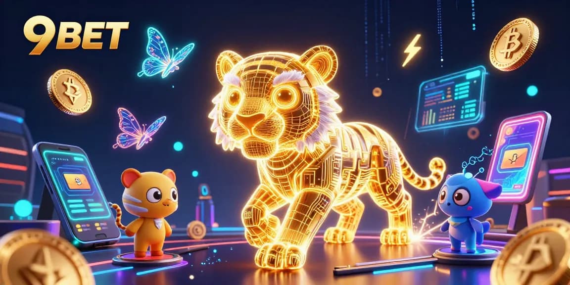 Experience the thrill of 9BET with a neon casino scene featuring a golden tiger and crypto elements.