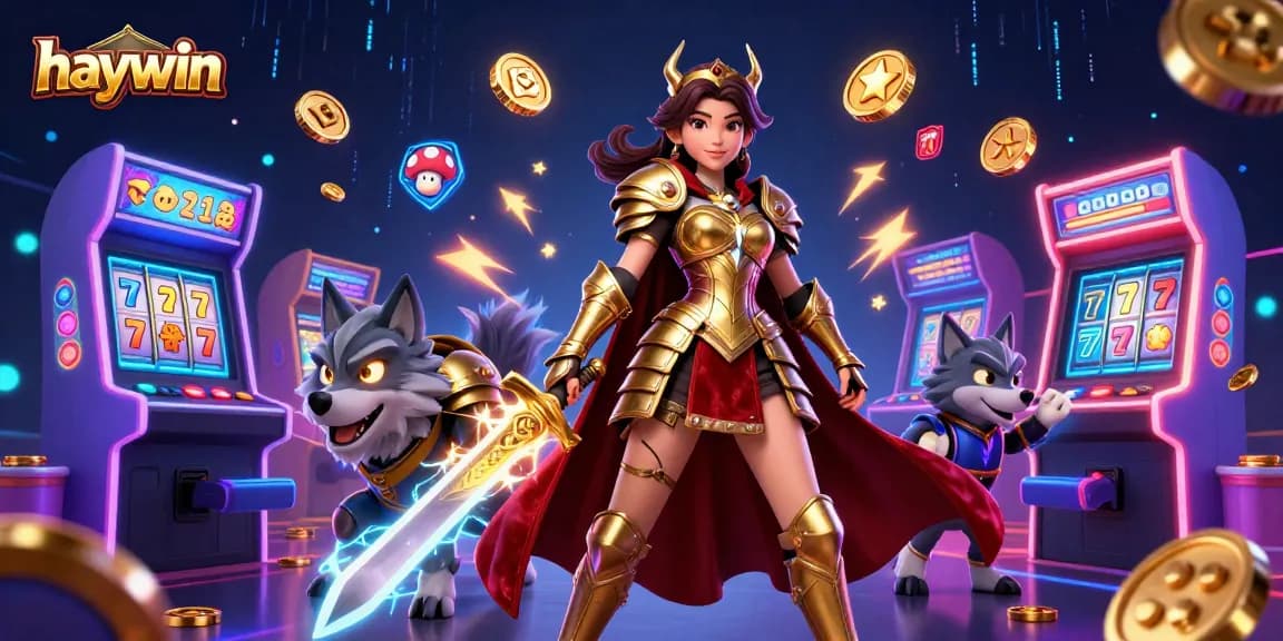 Engage with haywin's thrilling slots as a warrior queen finds jackpots amidst colorful gaming machines.