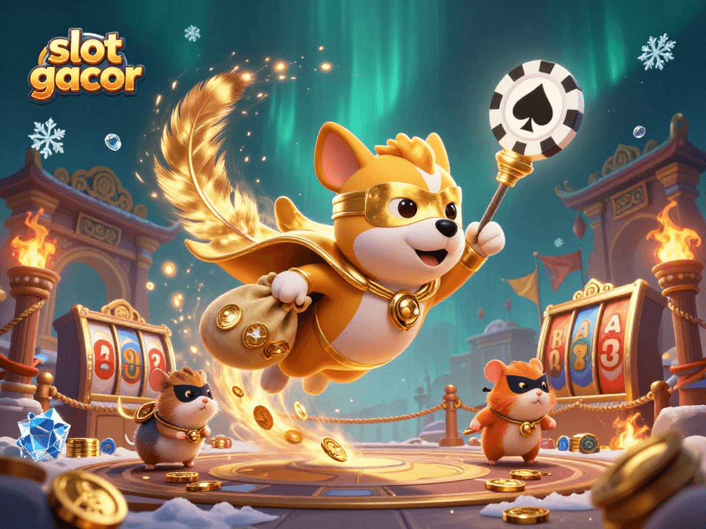 Engage with slot gacor gaming as a heroic dog and sidekick hamster soar over gold coins and slot reels.