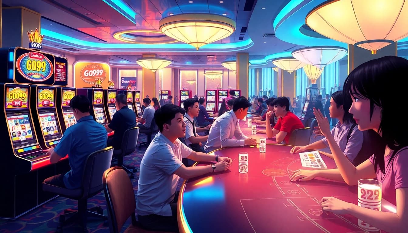 GO99 online gambling experience featuring vibrant games and diverse players in a modern casino.