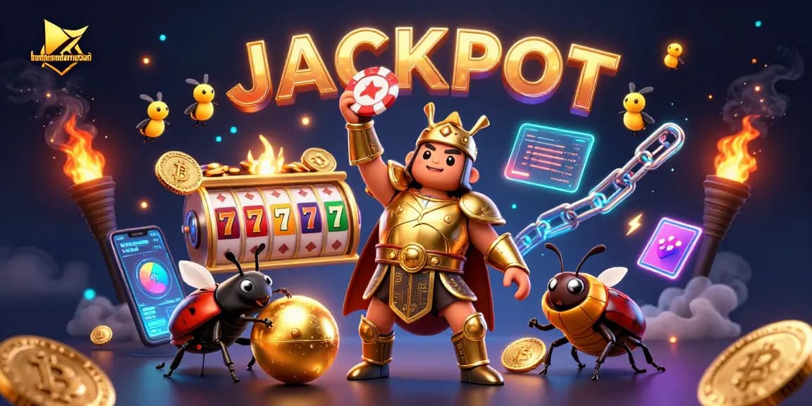 Bambumodernasian showcases a vibrant 3D casino scene with beetles celebrating a jackpot, featuring spinning slots and cryptocurrency elements.