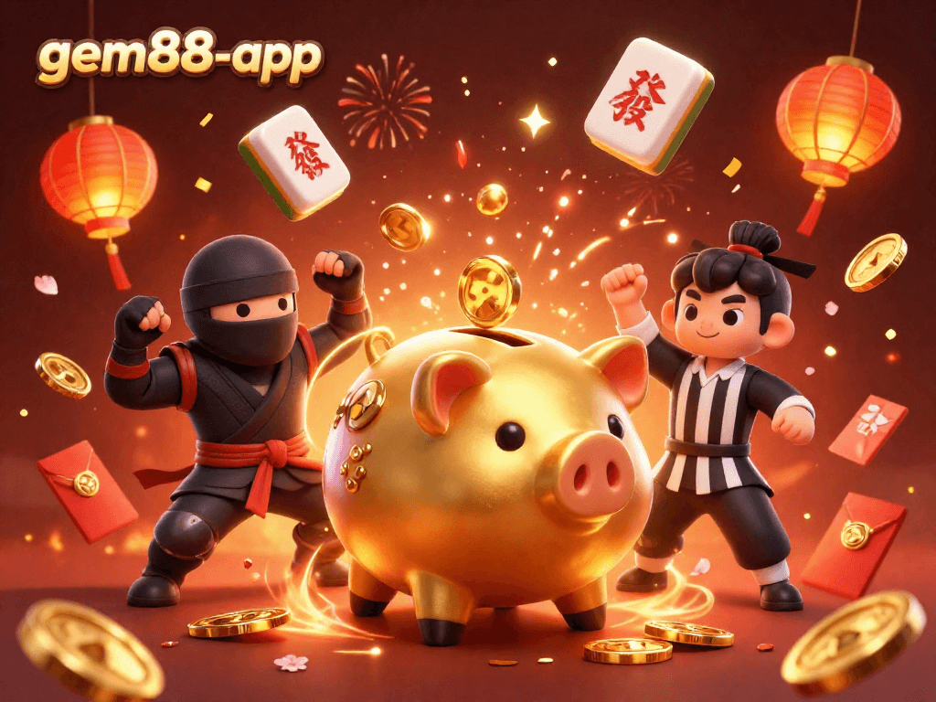 Experience the excitement of gem88-app with 3D animated characters battling in a colorful casino scene.