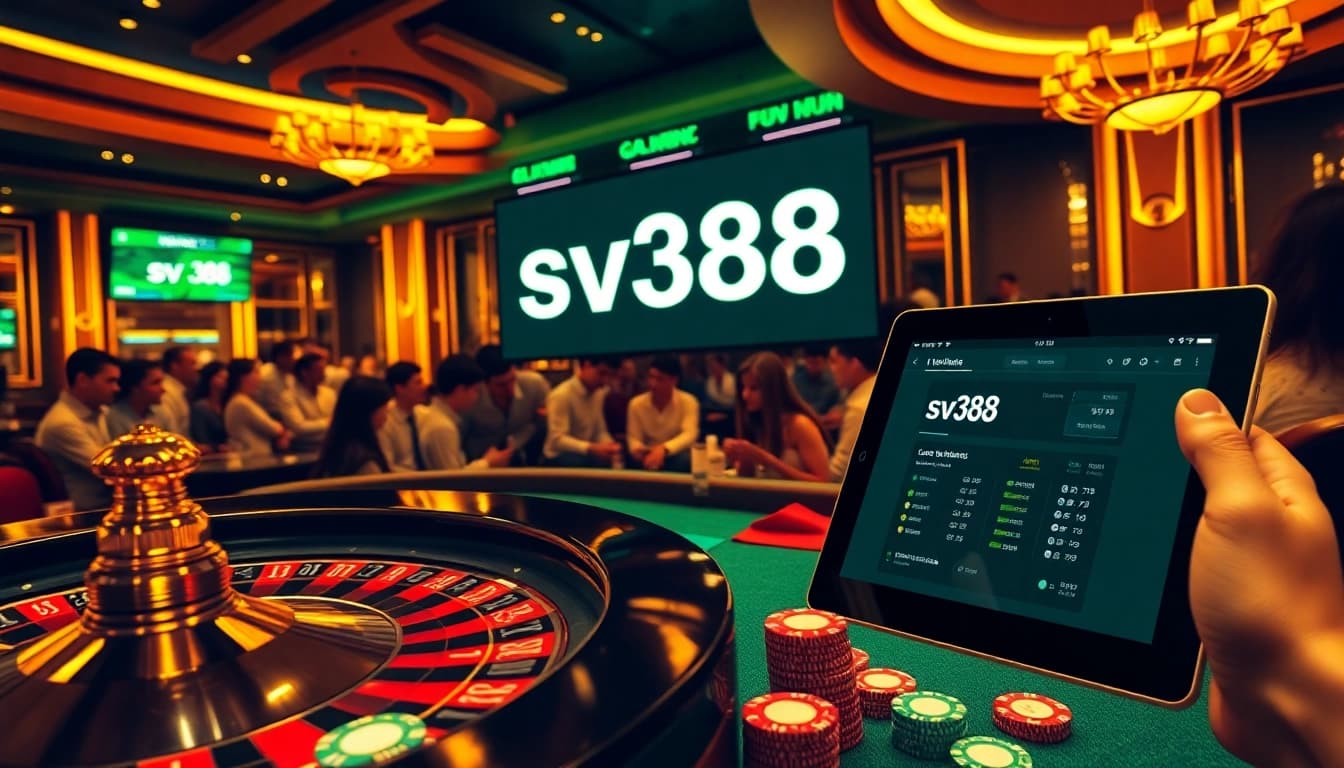 Experience the thrills of sv388 casino gaming with poker chips and roulette.