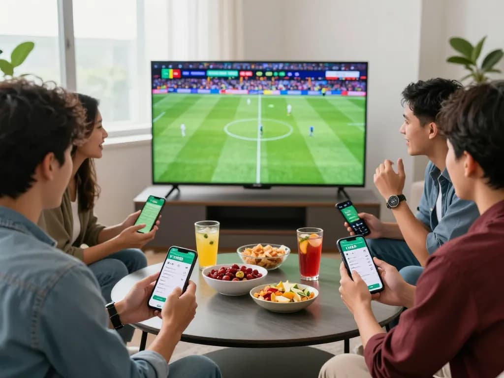 Friends placing bets on the VN88 app while watching a football match, capturing excitement and camaraderie.