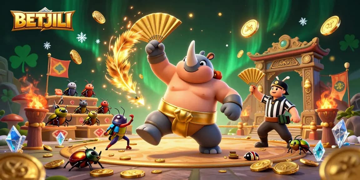 Engage with BETJILI's thrilling sumo showdown as coins fly high in a vibrant casino scene.