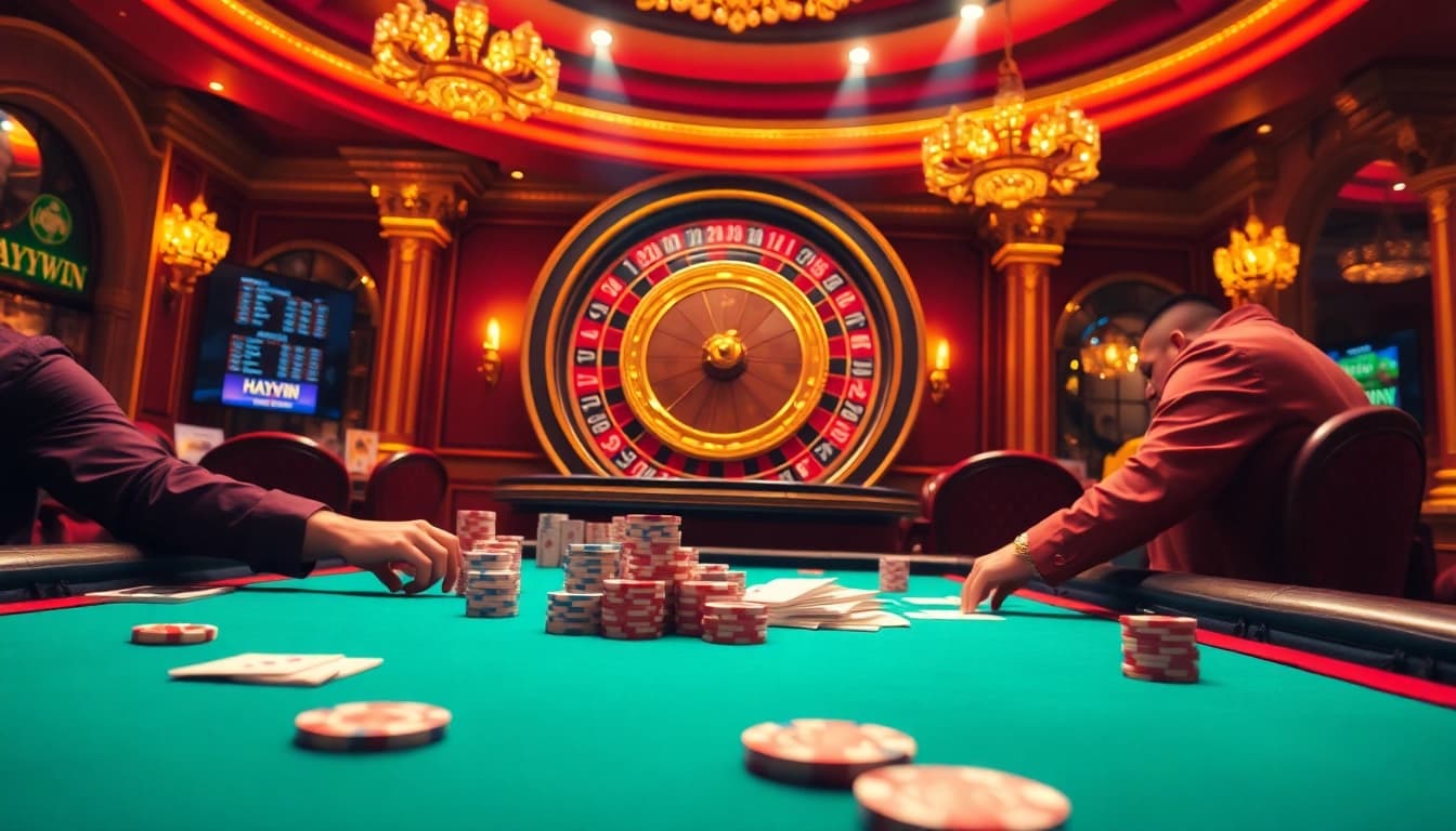 Haywin casino scene featuring a high-stakes poker game surrounded by excitement and luxury.