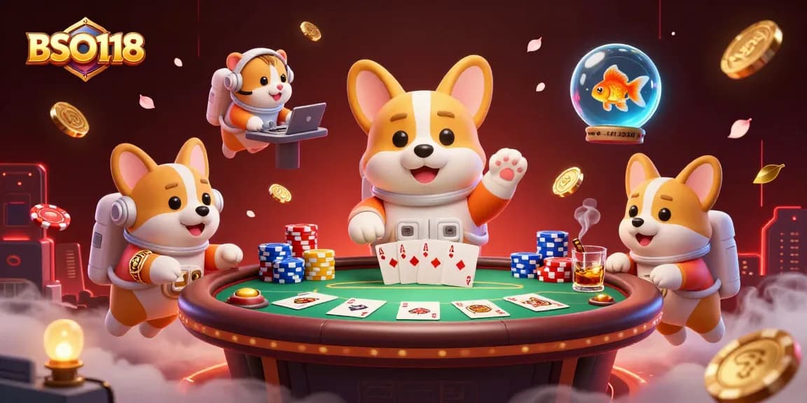 Experience BSO118 with a floating corgi in a cosmic casino scene filled with poker glory and cosmic charm.