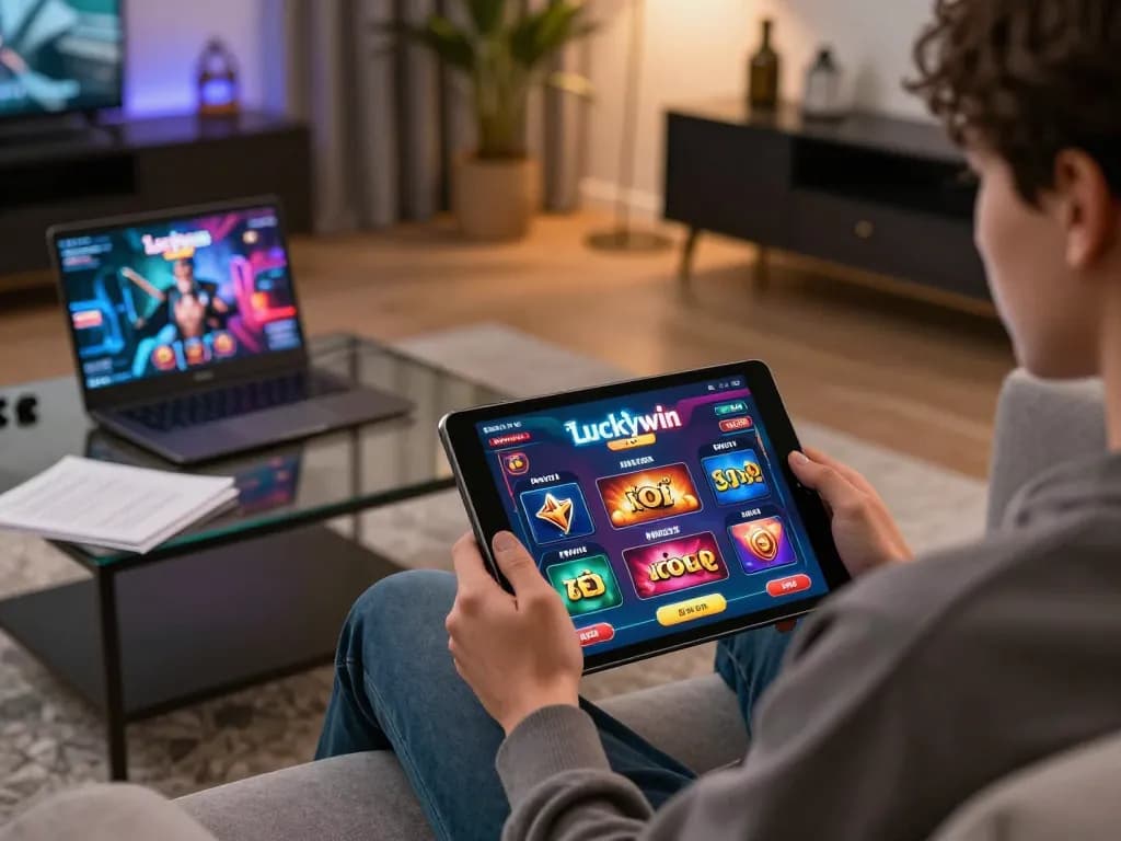 Enjoying online casino gaming at luckywin com with colorful tablet interface in a cozy living room.