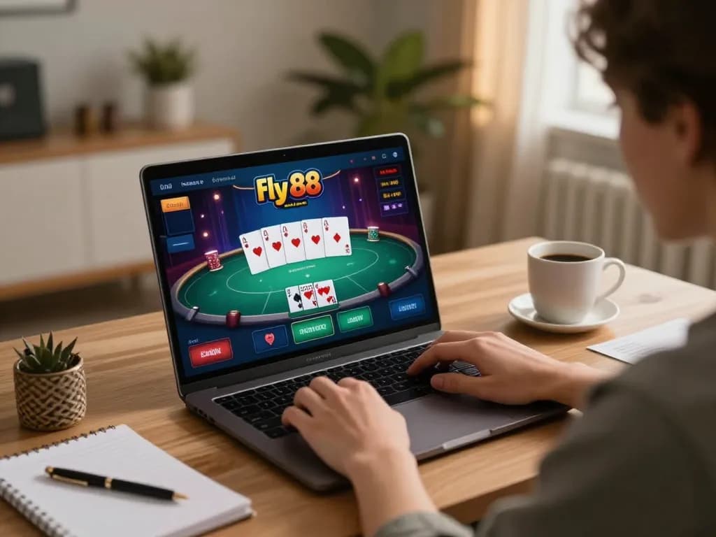 Engaging moment of a player enjoying fly 88’s online casino at home, laptop displaying poker game.
