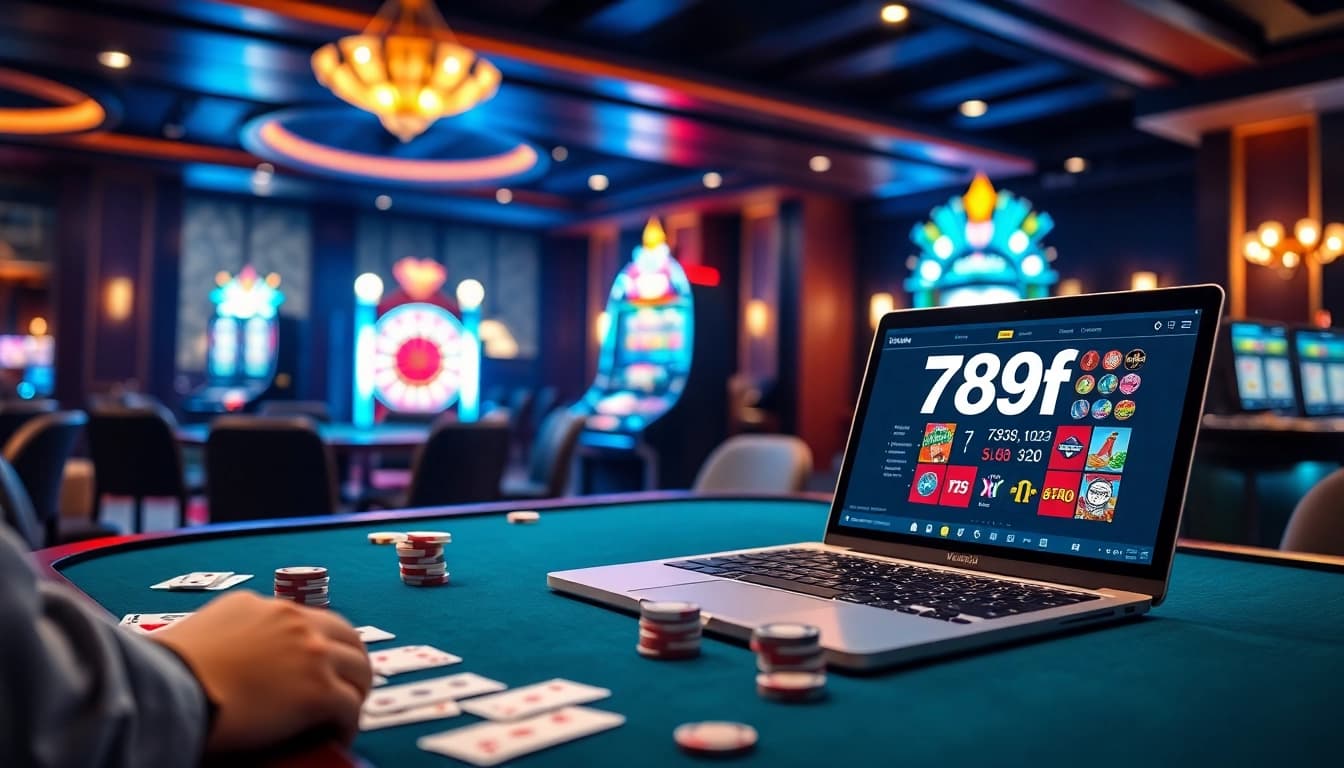 Experience the thrill of gaming at 789f with a vibrant casino setup featuring cards and roulette.