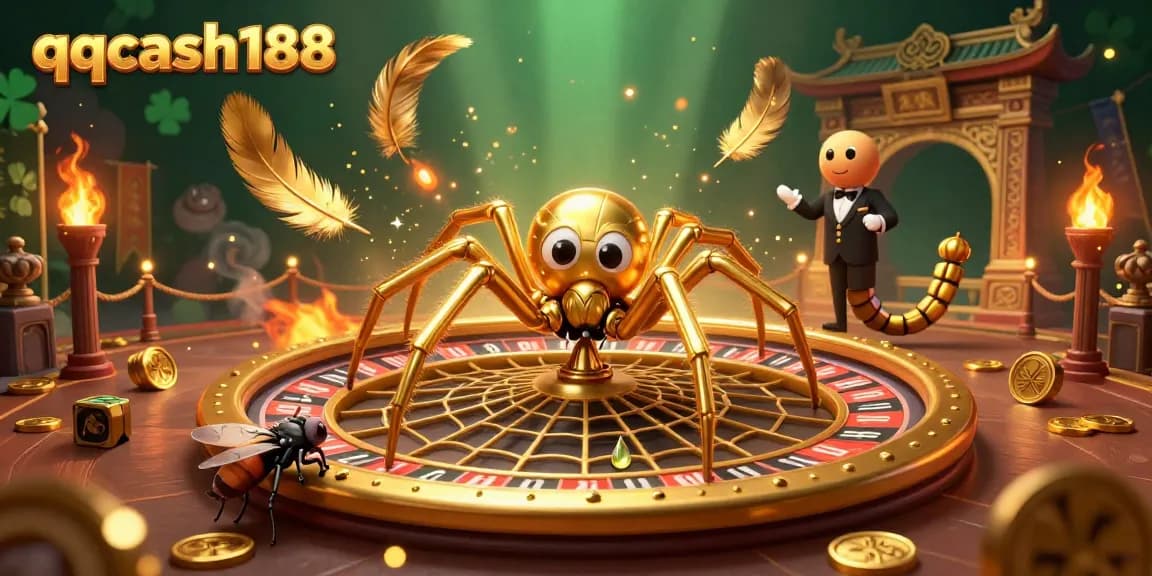 Place bets in a vibrant 3D illustration of the qqcash188 casino, featuring a spider roulette wheel.