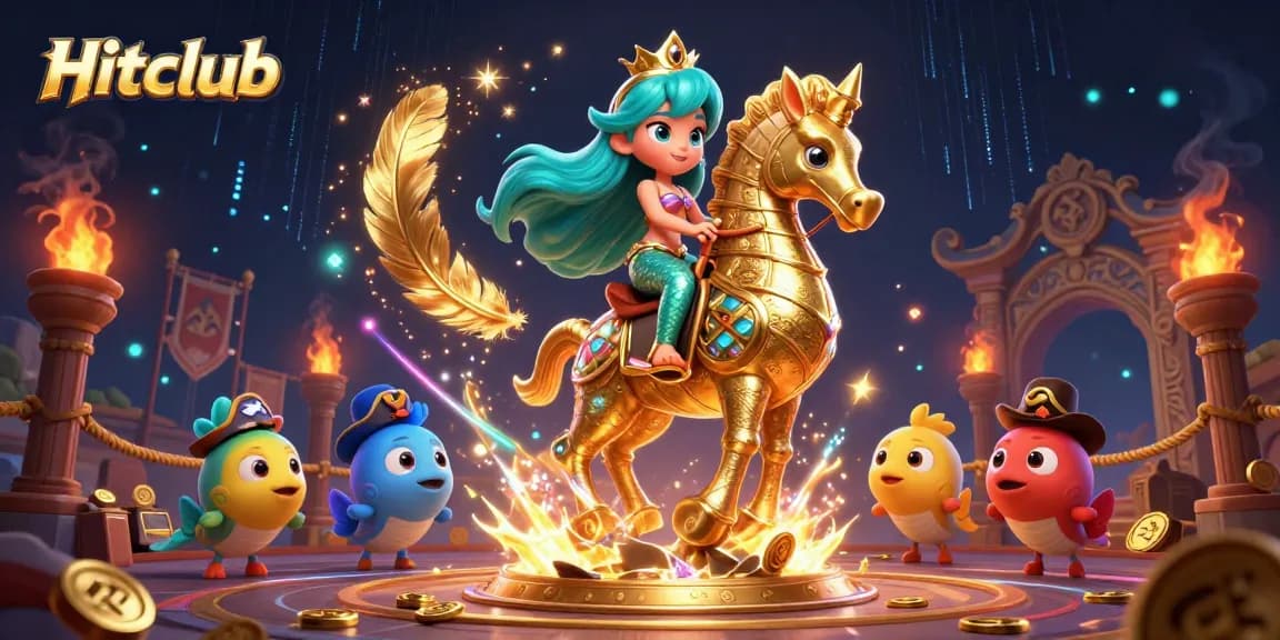 Hitclub players experience thrilling adventures with a vibrant mermaid and gold tokens in a dynamic casino setting.