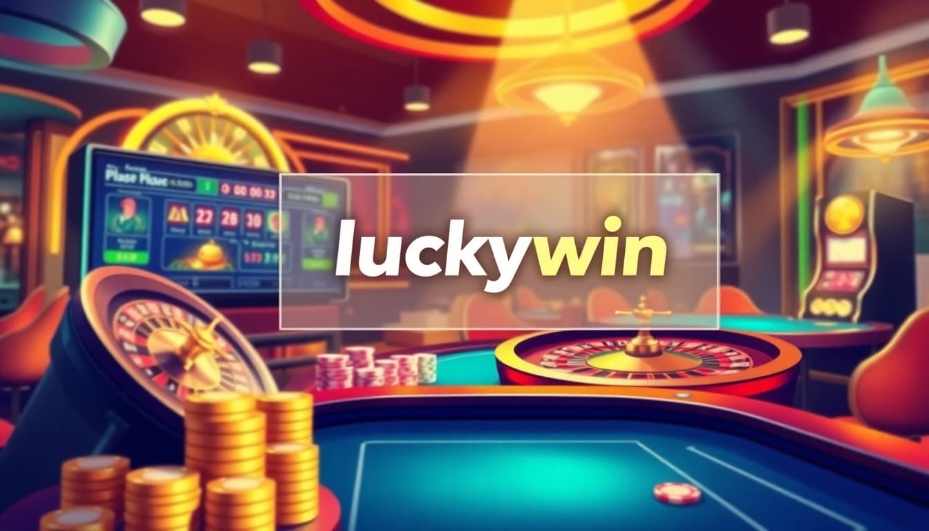 Luckywin online casino scene showcasing a vibrant atmosphere with roulette wheels, poker chips, and slot machines.