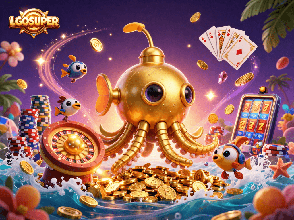 Engage with LGOSUPER in an immersive 3D casino adventure featuring a golden kraken and dynamic gaming elements.