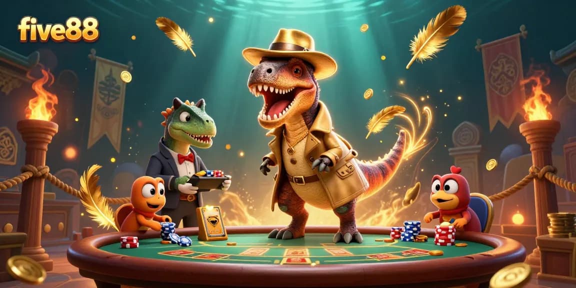 Experience the thrill of five88 at a dynamic blackjack table with a cartoon velociraptor and stegosaurus in action.