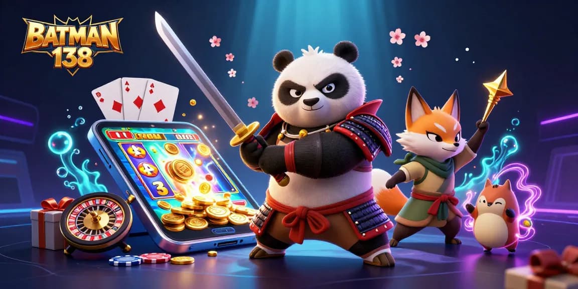 Permainan slot online seru di BATMAN 138, menampilkan panda samurai dan karakter menarik lainnya.