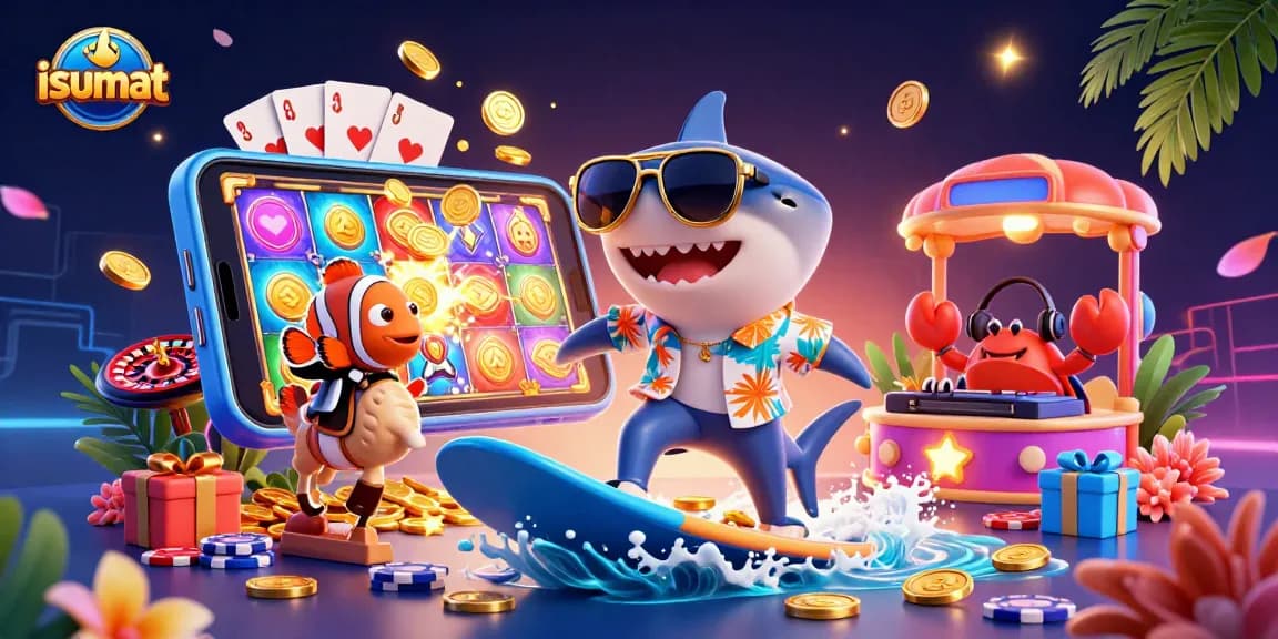Play exciting casino games with isumat's vibrant carnival scene featuring a shark, clownfish, and crab DJ.