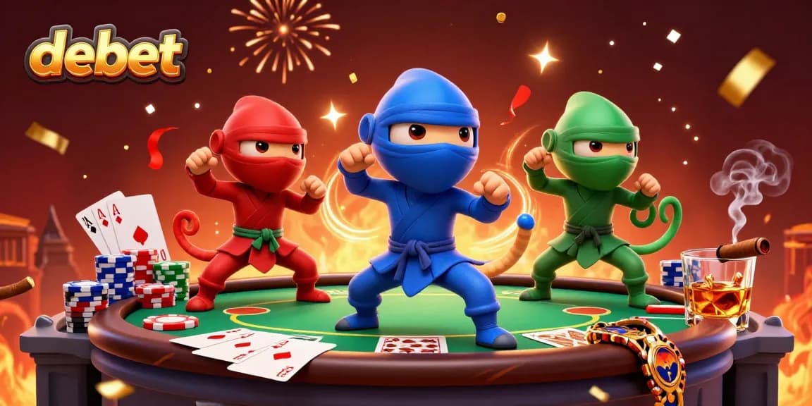 Engaging scene of debet featuring ninja chameleons in vibrant outfits around a poker table with chips, illustrating a dynamic casino atmosphere.