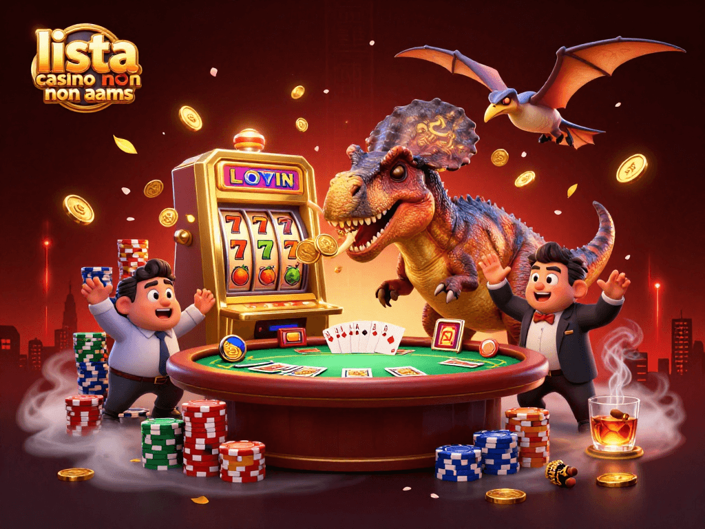 Gioco enorme con la lista casino non aams, dove un pachicefalosauro interagisce con una slot machine dorata.